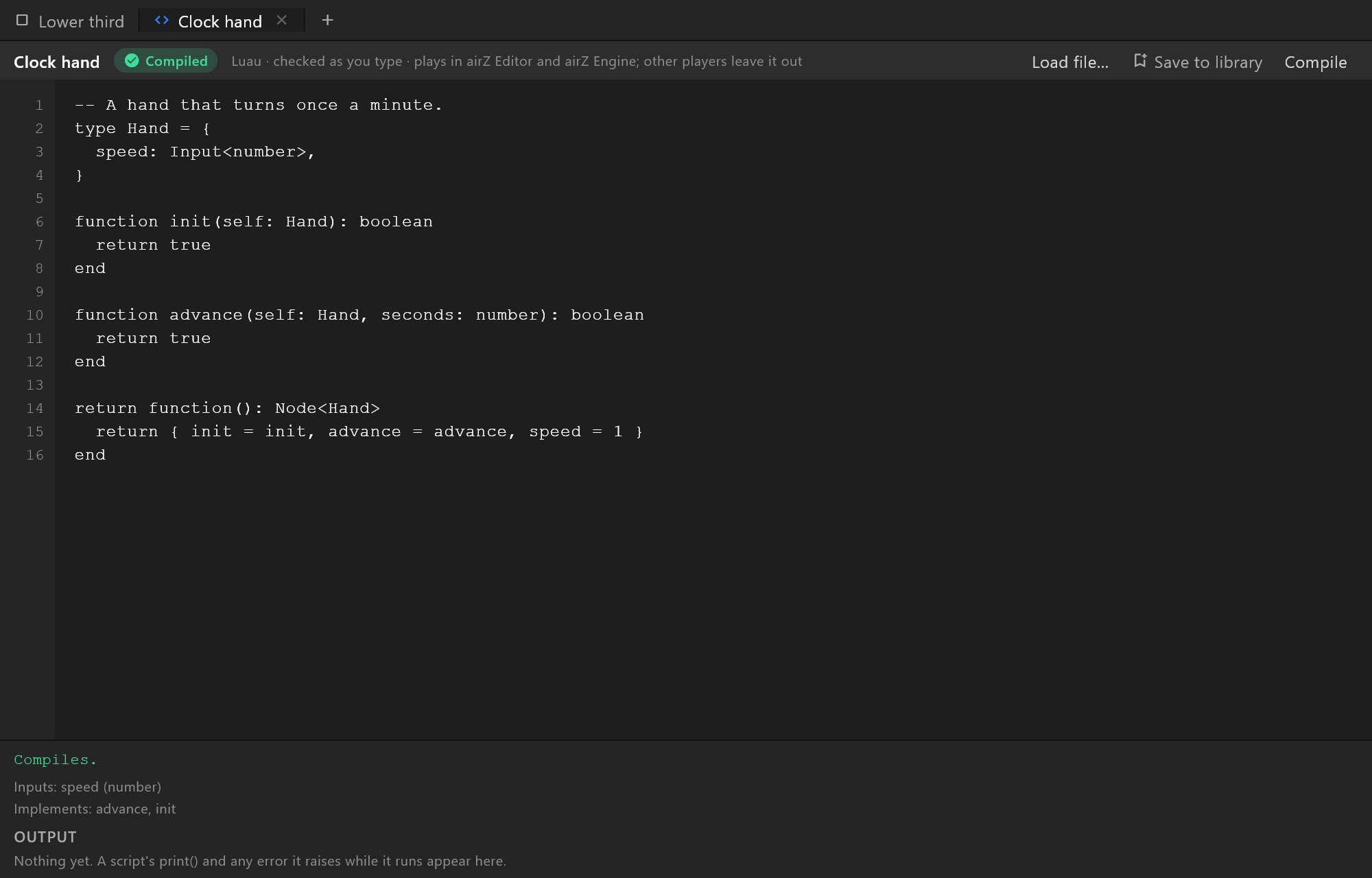 The script editor: tabs above, the source with line numbers, the status bar and the output