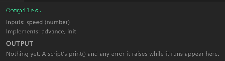 The bar under the source: Compiles, the script's inputs, the functions it implements, and the output