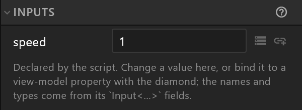 A scripted object's inputs: speed, with its bind diamond