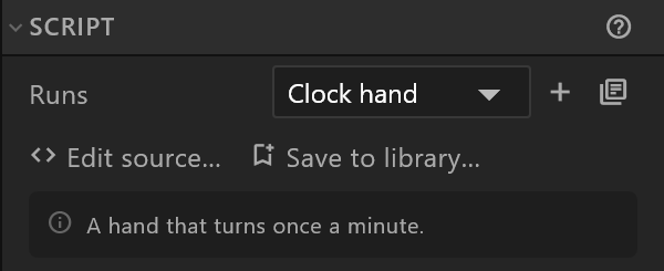 The Script section: Runs, the + and library buttons, Edit source… and Save to library…, and what the script says about itself