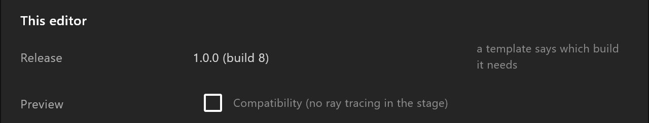 This editor: the release and build number, and Preview with its Compatibility checkbox