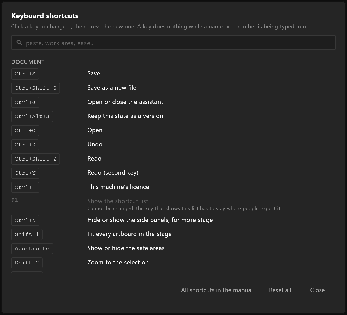 The Keyboard shortcuts window: a search box, then each key and what it does
