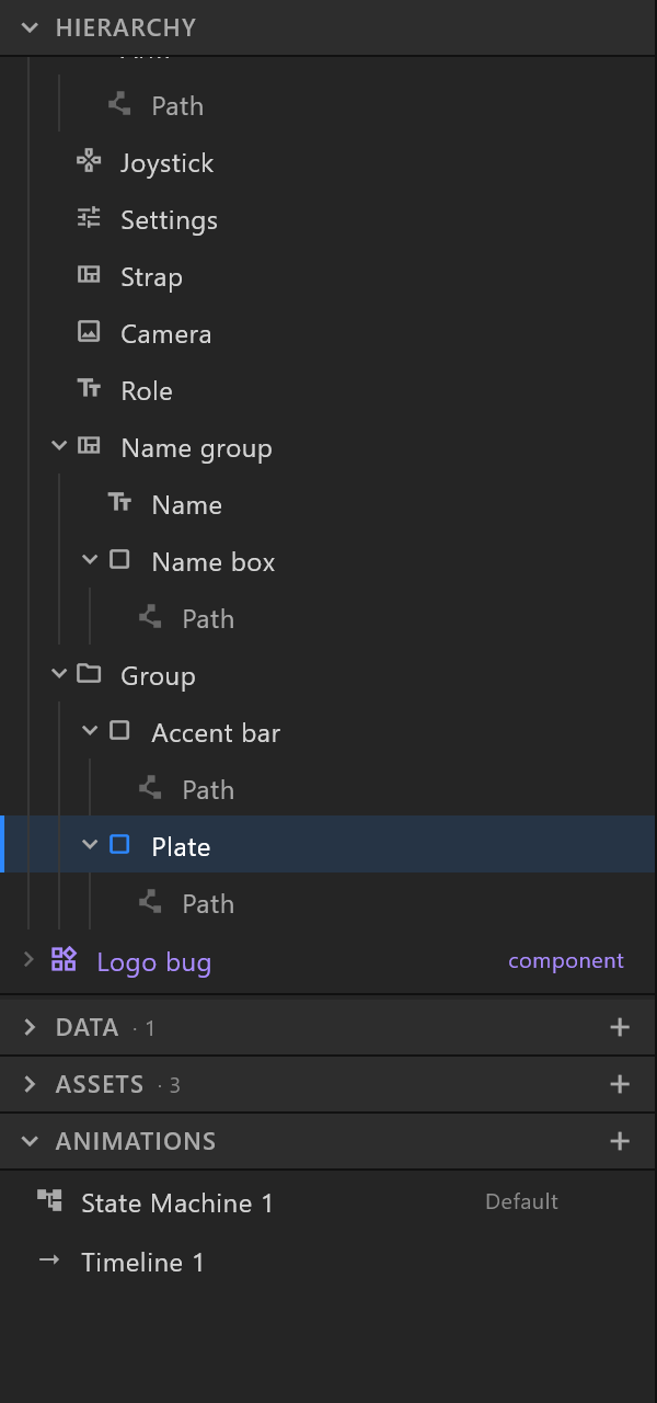 The sidebar with Data and Assets folded to their headers, showing their counts
