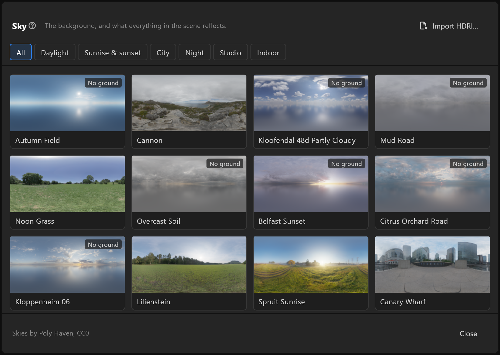 The sky library: groups along the top, and each sky as a card