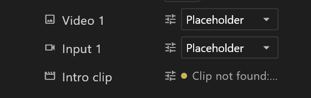 Three slots in the Data panel, each row starting with its settings icon: a picture, Input 1, and a clip that is not on this computer
