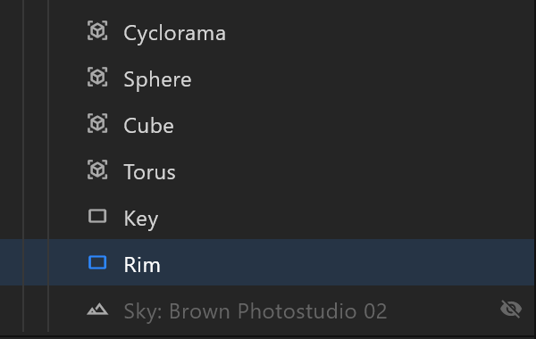 A 3D layer in the hierarchy: its objects, then two reflection card rows, Key and Rim, the second selected, then Sky