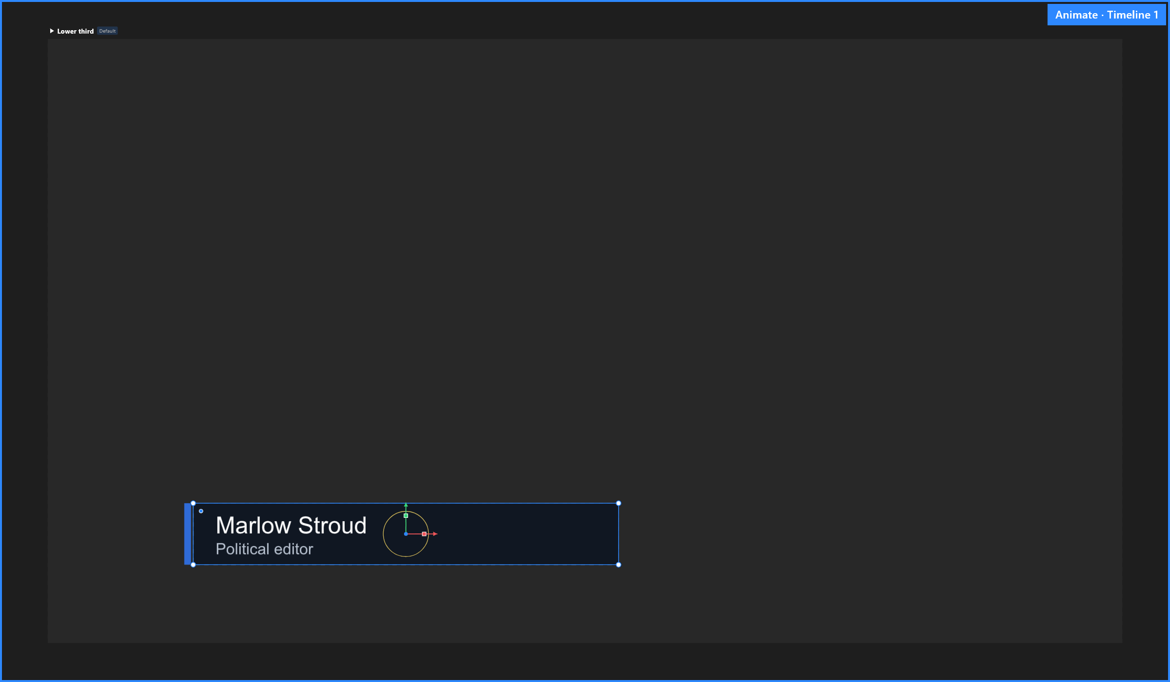 The stage in Animate mode: a blue frame, and the tag Animate · Timeline 1 in its top-right corner