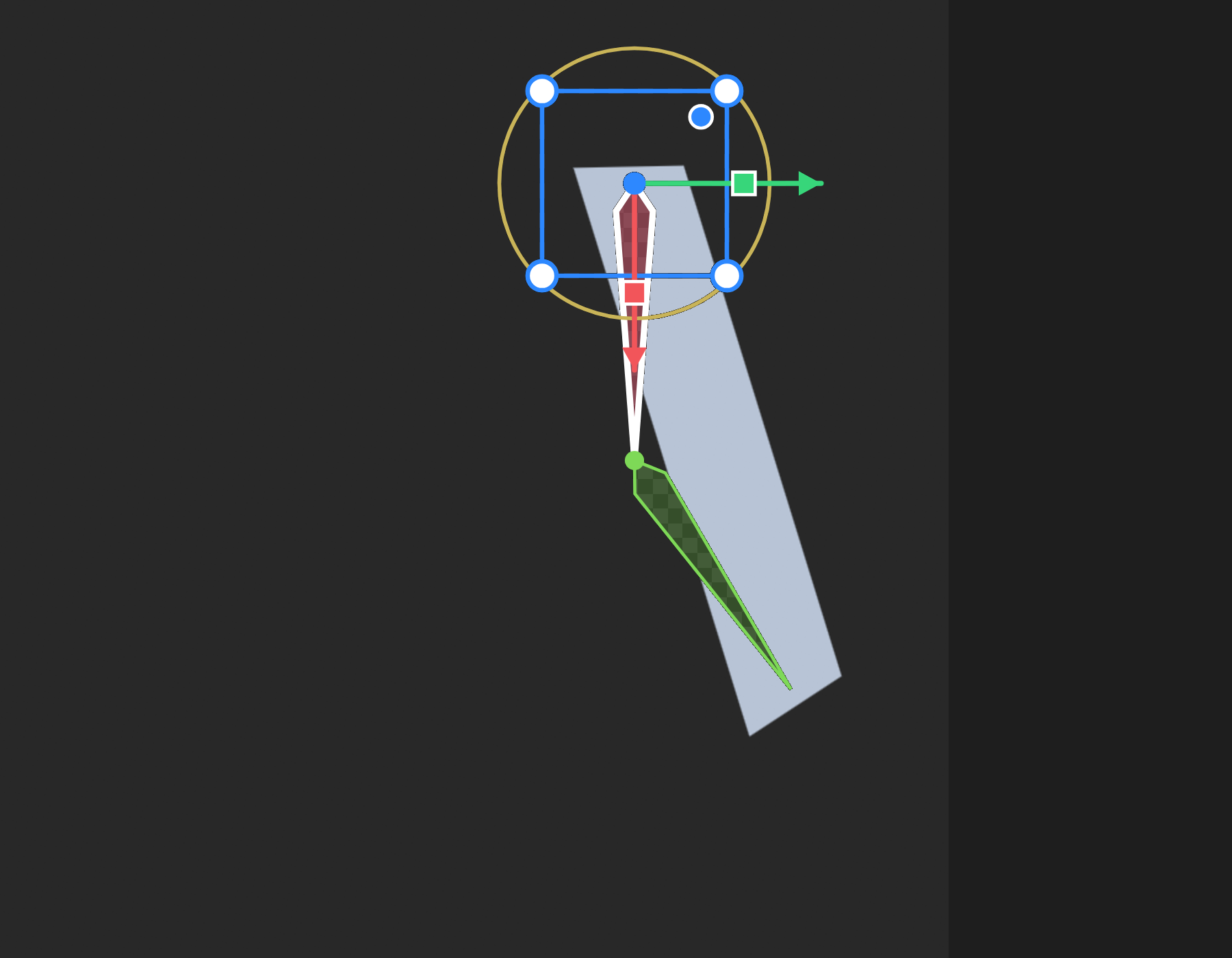 Two bones down an arm, the top one selected with its handles; the arm follows the lower one