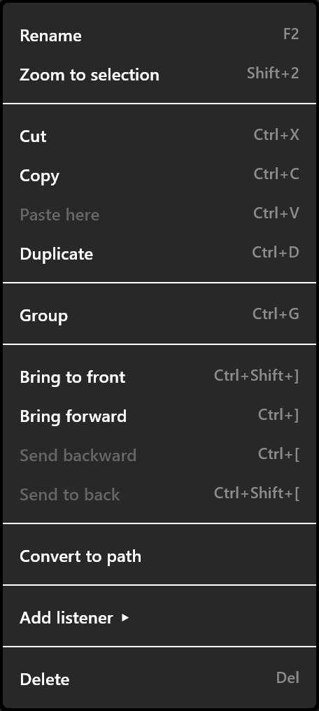 The stage's right-click menu on a shape: Rename, Zoom to selection, Cut, Copy, Duplicate, Group, the draw-order commands, Convert to path, Add listener and Delete