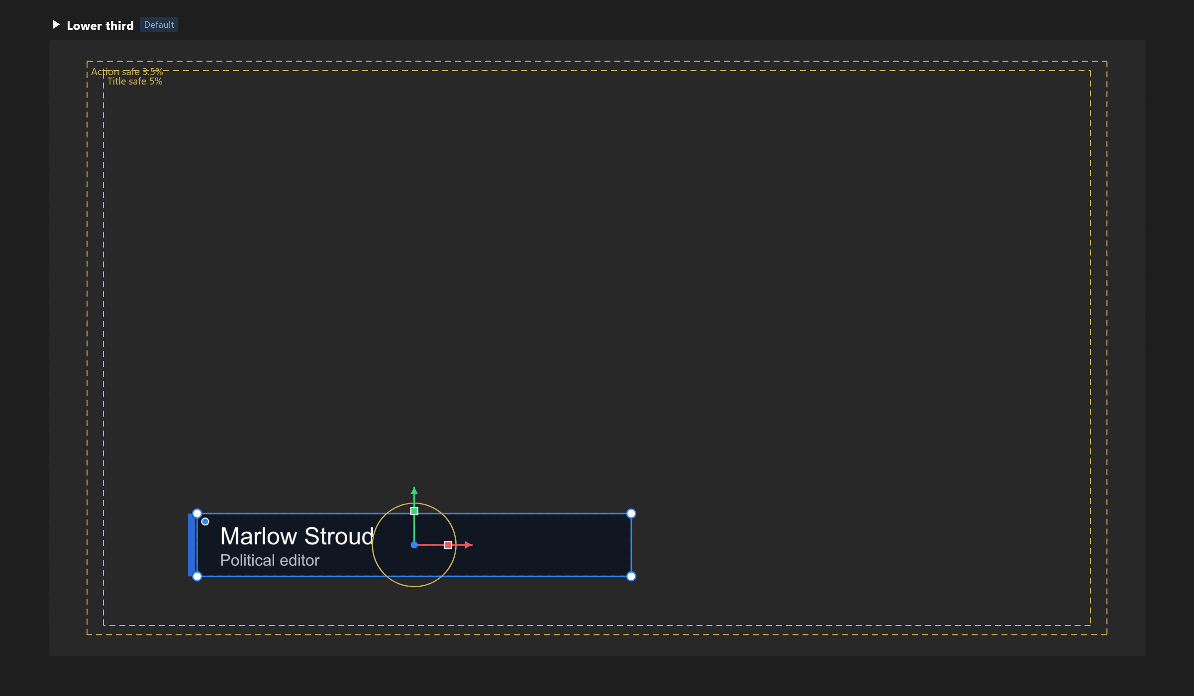 The safe areas on the stage: two dashed gold frames labelled Action safe 3.5% and Title safe 5%