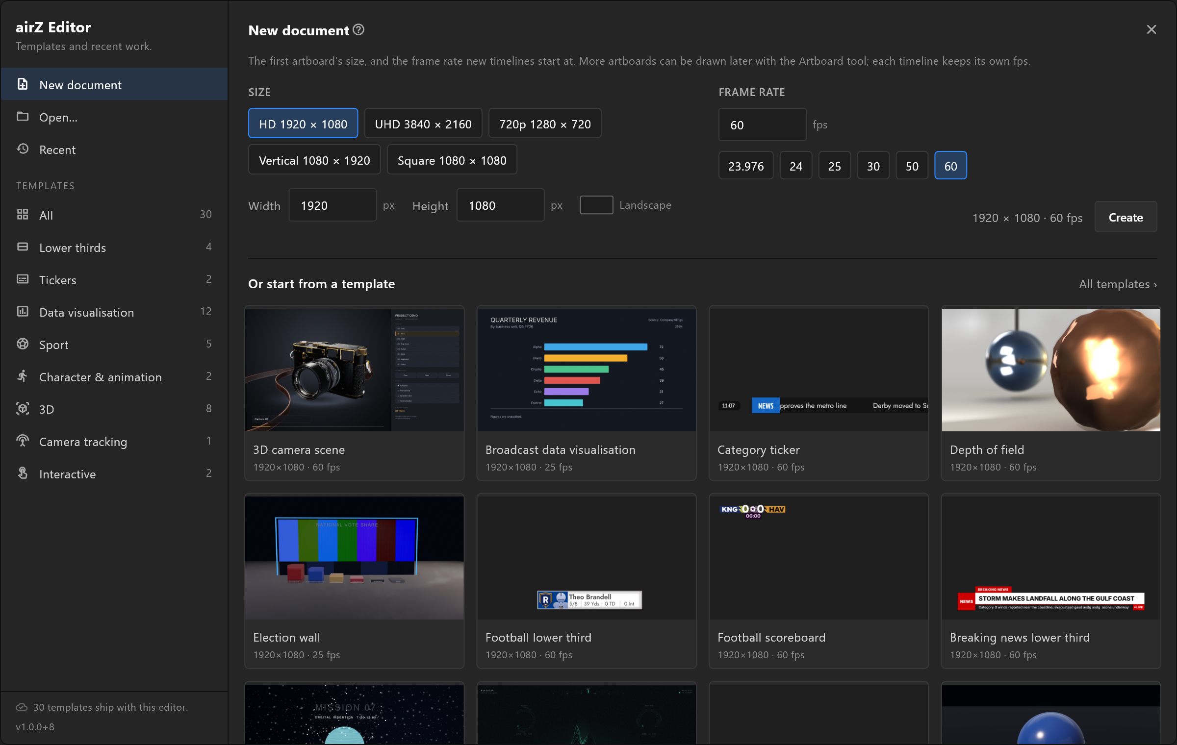 The start screen: New document, Open…, Recent and the template categories down the left; size, frame rate and Create, then templates to start from