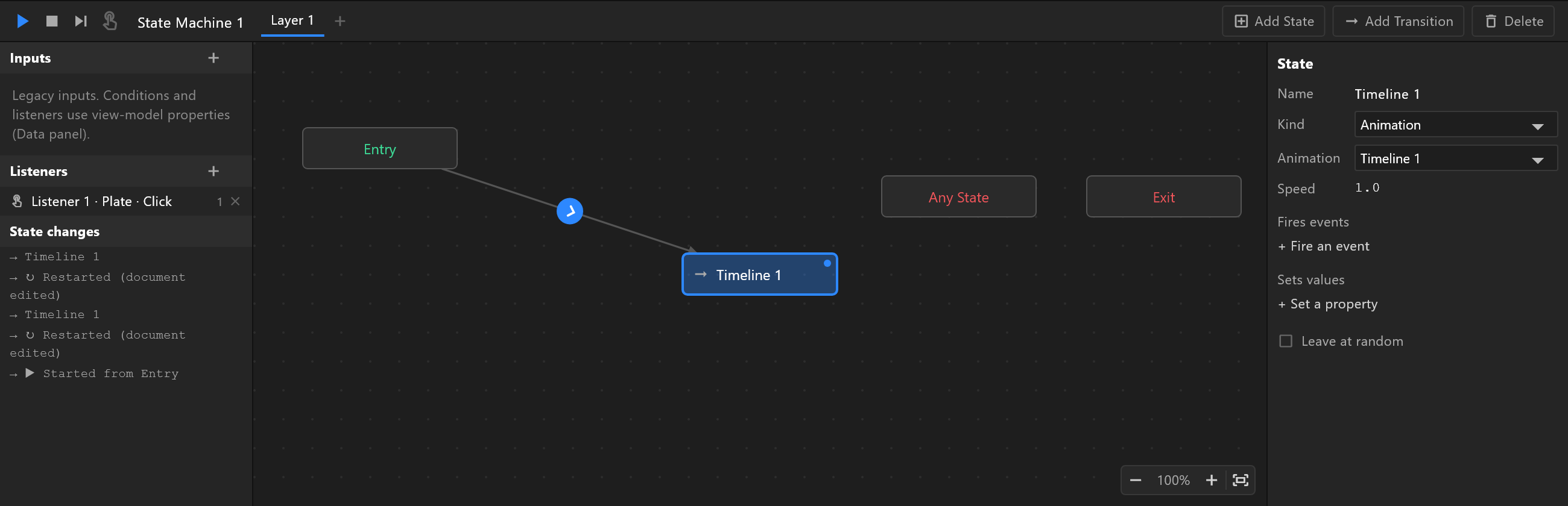 The Animation States graph: Inputs, Listeners and State changes on the left, the Entry, Any State, Exit and Timeline 1 states in the middle, and the selected state on the right, and the zoom control bottom right of the graph