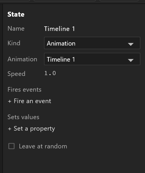 A state's panel: Name, Kind, Animation, Speed, Fires events, Sets values, Leave at random