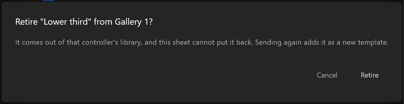 Retire "Lower third" from Gallery 1? It comes out of that controller's library, and this sheet cannot put it back.