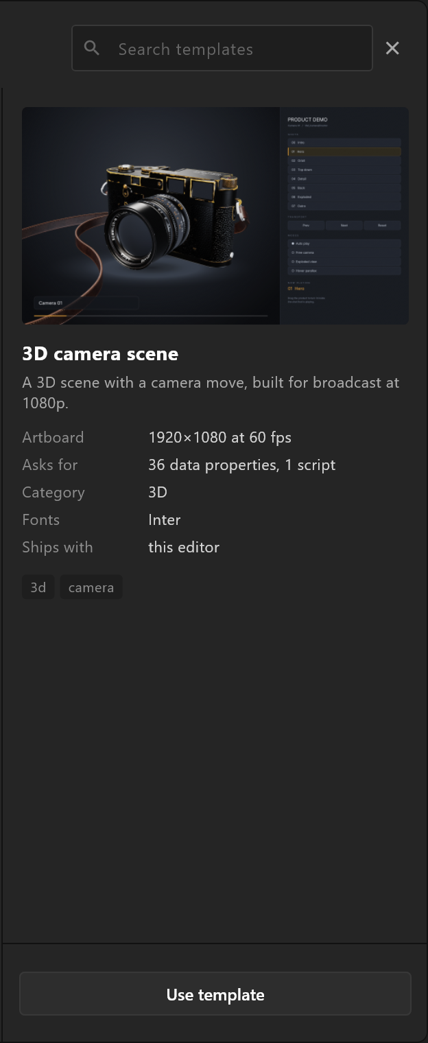 A template's card: its picture, what it is, Artboard, Asks for, Category, Fonts, Ships with, and Use template