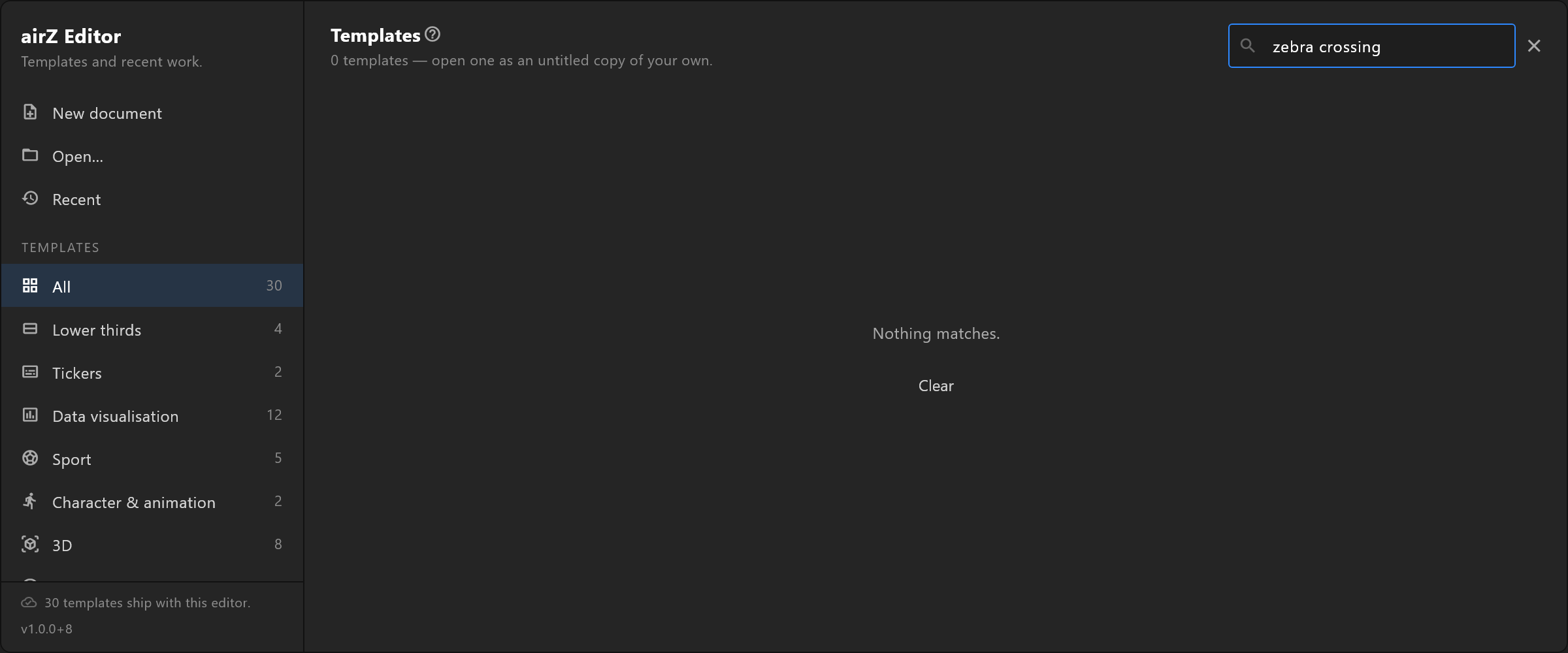 A search that matches no template: Nothing matches, and Clear