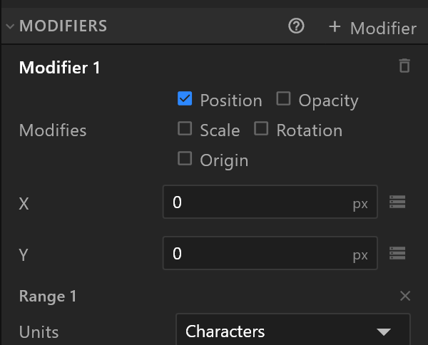 A modifier: what it changes, its position rows, and its first range