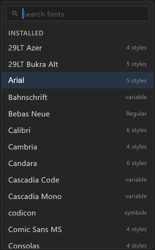 The font picker open from 3D text's Font field: a search box and every family installed on this computer, each in its own face