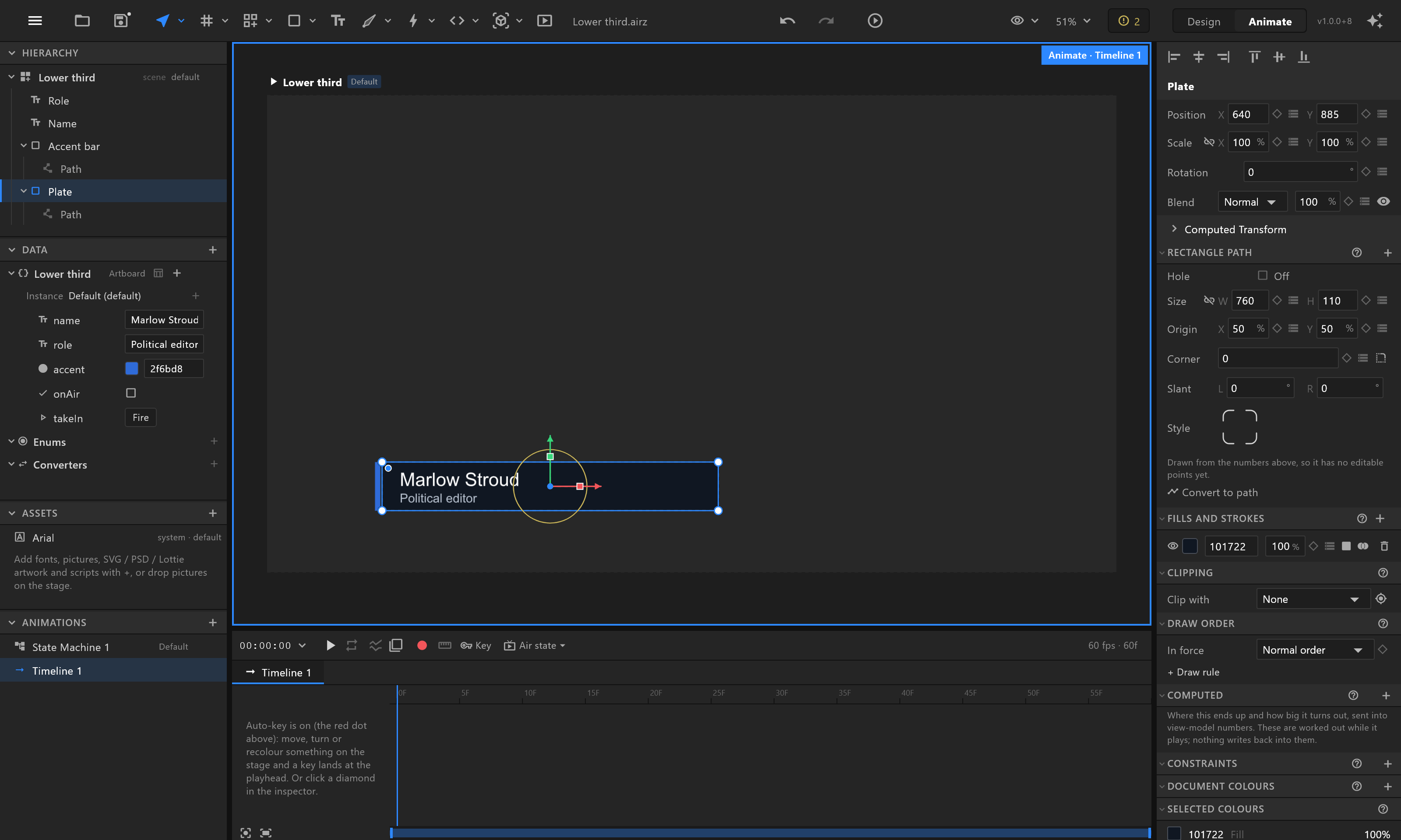 The same window in Animate mode: a blue frame around the stage tagged Animate · Timeline 1, and the timeline along the bottom