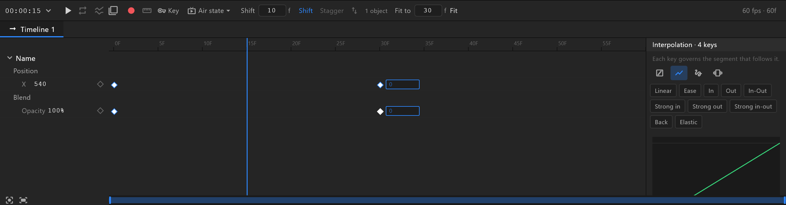 The timeline: a Name's position and opacity keyed at frame 0 and frame 30
