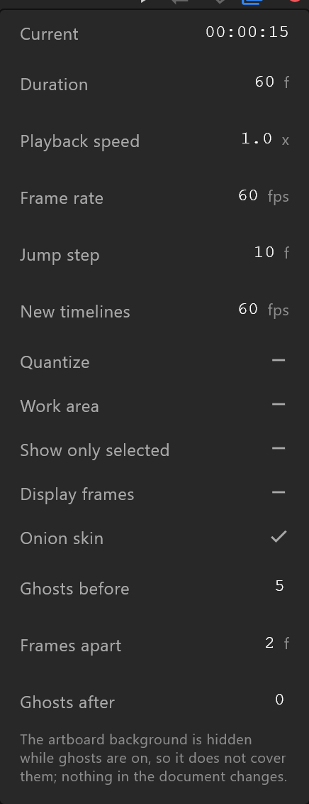 The timeline settings, with Onion skin on and its three ghost rows showing