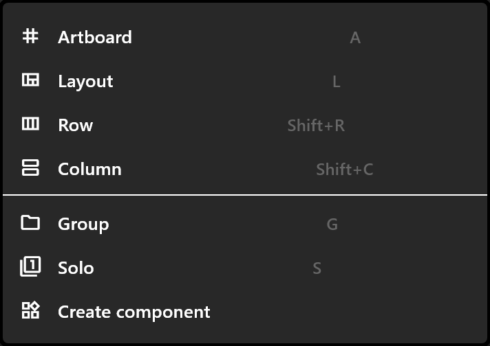 The artboards menu: Artboard, Layout, Row, Column, Group, Solo