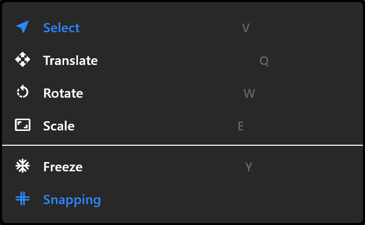 The select group's menu: Select, Translate, Rotate, Scale, Freeze, and Snapping
