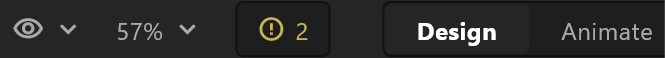 The right of the top bar: view aids, zoom, preflight and the Design and Animate switch