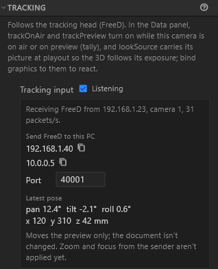 The TRACKING section with Tracking input ticked: Receiving FreeD from 192.168.1.23, camera 1, 31 packets/s; Send FreeD to this PC with two addresses and their copy buttons, the Port, and the Latest pose