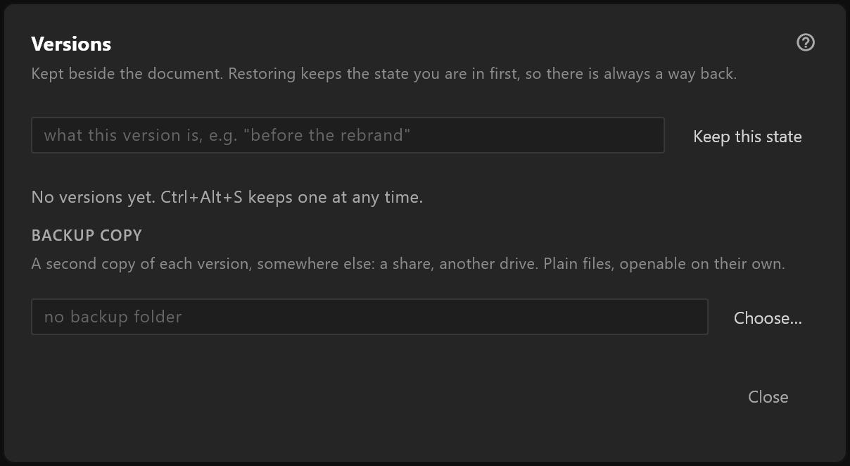 The Versions window: a name for the version, Keep this state, and the backup folder