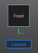 The view cube showing Front, with the Camera button under it lit blue while the stage looks through the file's camera