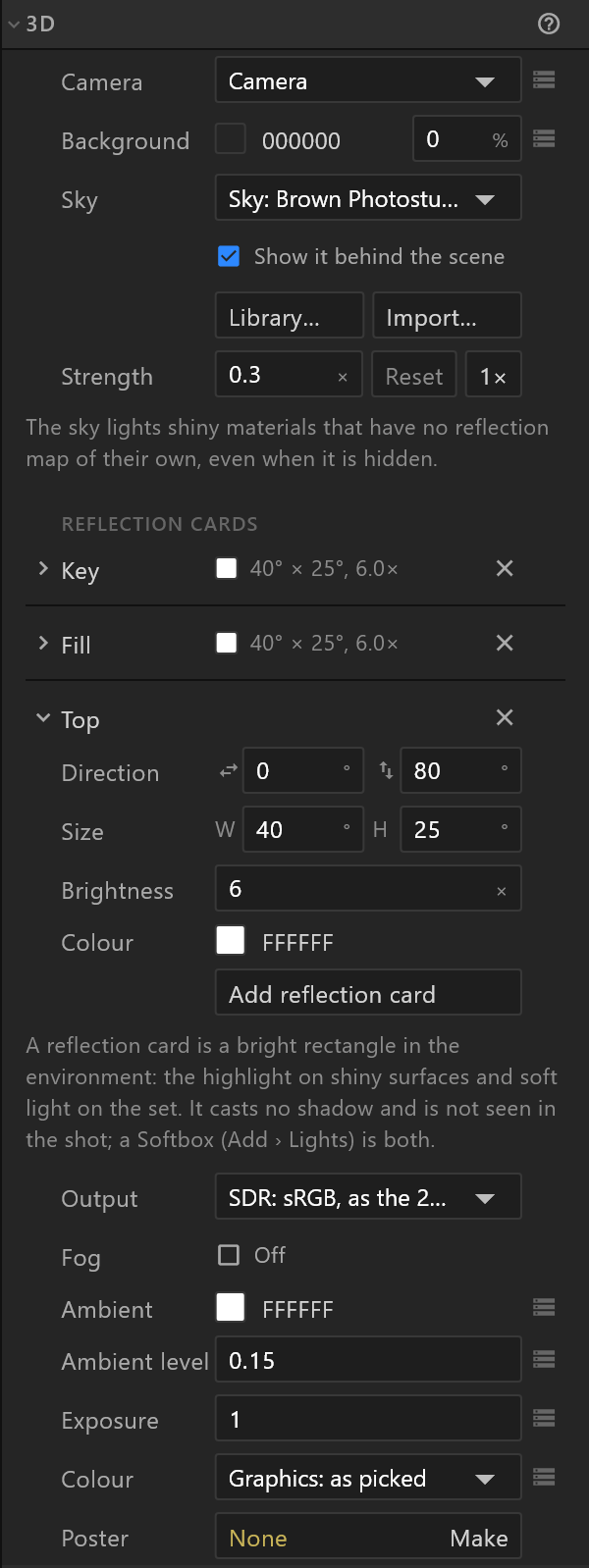 The 3D section of a viewport's inspector